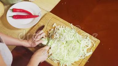 女手用刀切白菜.. 蔬菜混合物用于烹饪蔬菜炖。 从上面看。 4k，